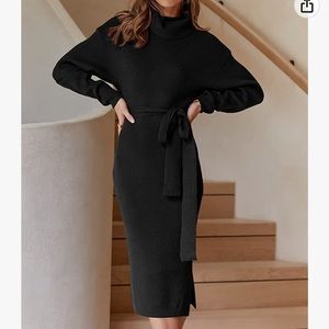 Turtleneck black sweater dress with slit